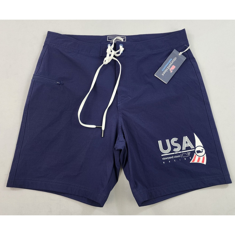 Vineyard Vines Performance USA Racing Swim Trunks Navy 32 7" 1M001371